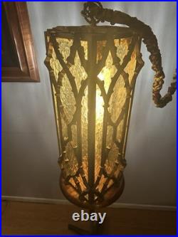 Antique Caged Slag Stained Glass Pendant Lamp Gothic Spanish Revival
