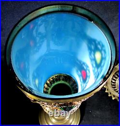 Antique Candle Lamp Torch Jeweled Opaline Blue Slag Shade Brass Base Anchor Mark