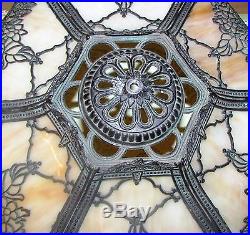 Antique Caramel Bent Slag Glass Lamp Shade 6 Panel Ornate Flower Basket Filigree