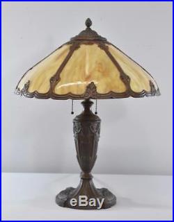 Antique Caramel Bent Slag Glass Panel Table Lamp Ornate Overlay