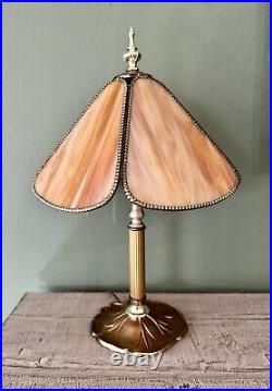 Antique Caramel Marbled Slag Glass Table Lamp with Lily Pad Base, Arts & Crafts