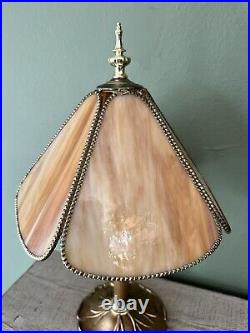 Antique Caramel Marbled Slag Glass Table Lamp with Lily Pad Base, Arts & Crafts