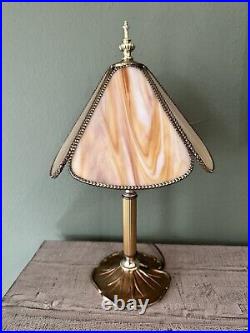 Antique Caramel Marbled Slag Glass Table Lamp with Lily Pad Base, Arts & Crafts