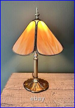 Antique Caramel Marbled Slag Glass Table Lamp with Lily Pad Base, Arts & Crafts