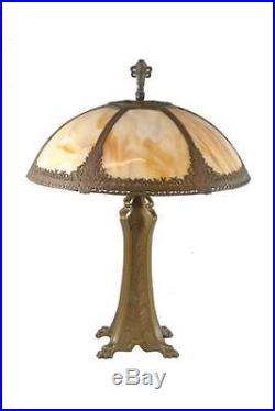 Antique Caramel Six Panel Slag Glass Table Lamp With Claw Foot Base Two Sockets