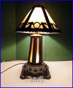Antique Caramel Slag Glass Lamp, Spelter Metal, Heavy 3-way Lamp, Art Noveu. 19