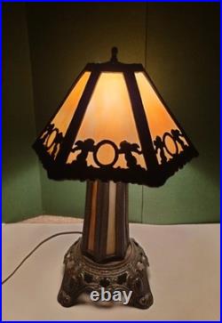 Antique Caramel Slag Glass Lamp, Spelter Metal, Heavy 3-way Lamp, Art Noveu. 19