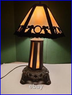 Antique Caramel Slag Glass Lamp, Spelter Metal, Heavy 3-way Lamp, Art Noveu. 19