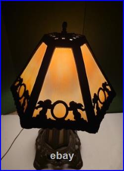 Antique Caramel Slag Glass Lamp, Spelter Metal, Heavy 3-way Lamp, Art Noveu. 19