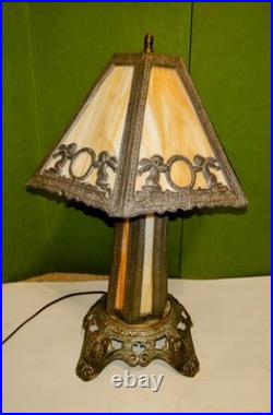 Antique Caramel Slag Glass Lamp, Spelter Metal, Heavy 3-way Lamp, Art Noveu. 19
