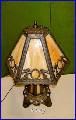 Antique Caramel Slag Glass Lamp, Spelter Metal, Heavy 3-way Lamp, Art Noveu. 19