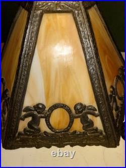 Antique Caramel Slag Glass Lamp, Spelter Metal, Heavy 3-way Lamp, Art Noveu. 19