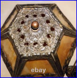 Antique Caramel Slag Glass Lamp, Spelter Metal, Heavy 3-way Lamp, Art Noveu. 19