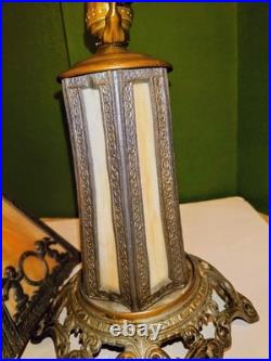 Antique Caramel Slag Glass Lamp, Spelter Metal, Heavy 3-way Lamp, Art Noveu. 19