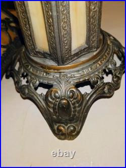Antique Caramel Slag Glass Lamp, Spelter Metal, Heavy 3-way Lamp, Art Noveu. 19