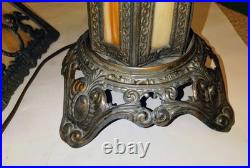 Antique Caramel Slag Glass Lamp, Spelter Metal, Heavy 3-way Lamp, Art Noveu. 19