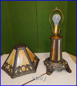 Antique Caramel Slag Glass Lamp, Spelter Metal, Heavy 3-way Lamp, Art Noveu. 19