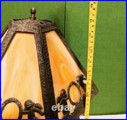 Antique Caramel Slag Glass Lamp, Spelter Metal, Heavy 3-way Lamp, Art Noveu. 19