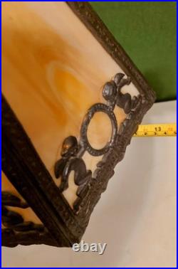 Antique Caramel Slag Glass Lamp, Spelter Metal, Heavy 3-way Lamp, Art Noveu. 19