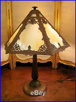 Antique Caramel Slag Glass Panel Table Lamp Circa 1920