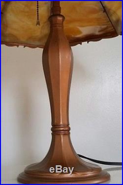 Antique Caramel Slag Glass Table Lamp 7 Panels Open metal Work Ornate