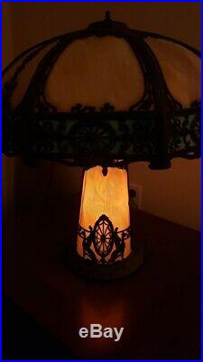 Antique Caramel and blue slag glass Table Lamp Top Bottom Lights Up