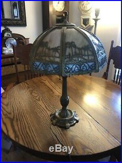 Antique Carmel And Blue Slag Glass Lamp