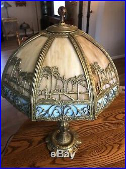 Antique Carmel And Blue Slag Glass Lamp