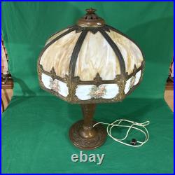 Antique Carmel Slag Glass 8 Panel Shade & Lamp withOrnate Brass Trim Overlay