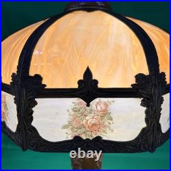 Antique Carmel Slag Glass 8 Panel Shade & Lamp withOrnate Brass Trim Overlay