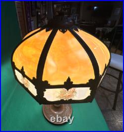 Antique Carmel Slag Glass 8 Panel Shade & Lamp withOrnate Brass Trim Overlay