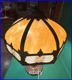 Antique Carmel Slag Glass 8 Panel Shade & Lamp withOrnate Brass Trim Overlay