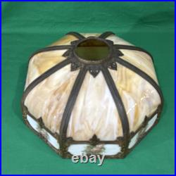 Antique Carmel Slag Glass 8 Panel Shade & Lamp withOrnate Brass Trim Overlay