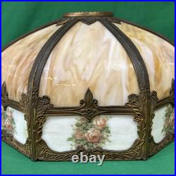 Antique Carmel Slag Glass 8 Panel Shade & Lamp withOrnate Brass Trim Overlay