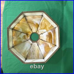 Antique Carmel Slag Glass 8 Panel Shade & Lamp withOrnate Brass Trim Overlay