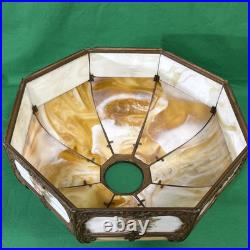 Antique Carmel Slag Glass 8 Panel Shade & Lamp withOrnate Brass Trim Overlay