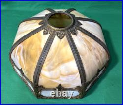 Antique Carmel Slag Glass 8 Panel Shade & Lamp withOrnate Brass Trim Overlay