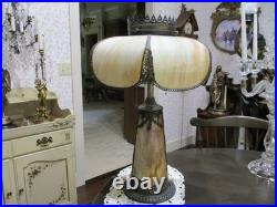 Antique Carmel Slag Glass Lamp lighted Base Ribbons Bowls Art Nouveau 3 Lights