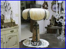 Antique Carmel Slag Glass Lamp lighted Base Ribbons Bowls Art Nouveau 3 Lights