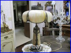 Antique Carmel Slag Glass Lamp lighted Base Ribbons Bowls Art Nouveau 3 Lights