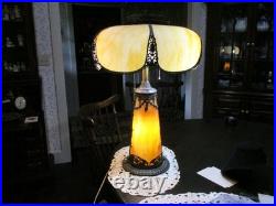 Antique Carmel Slag Glass Lamp lighted Base Ribbons Bowls Art Nouveau 3 Lights