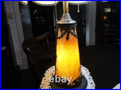 Antique Carmel Slag Glass Lamp lighted Base Ribbons Bowls Art Nouveau 3 Lights