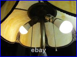 Antique Carmel Slag Glass Lamp lighted Base Ribbons Bowls Art Nouveau 3 Lights