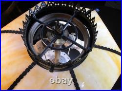 Antique Carmel Slag Glass Lamp lighted Base Ribbons Bowls Art Nouveau 3 Lights