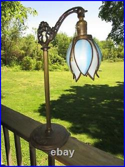Antique Cast Iron Lady Bridge TABLE Lamp With Handel Style Tulip Slag Glass Shade