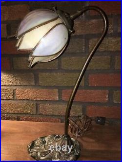 Antique Cast Iron Table Lamp with Handel Style Slag Glass Single Tulip Shade