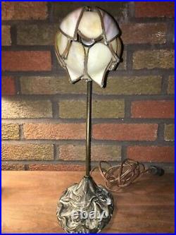 Antique Cast Iron Table Lamp with Handel Style Slag Glass Single Tulip Shade