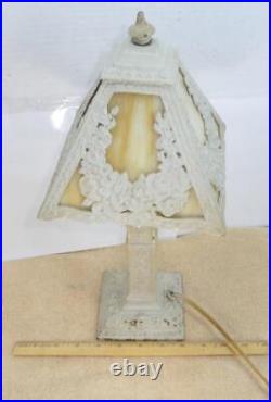 Antique Cast Metal Base 4 Panel Slag Glass Boudoir Table Lamp Floral Design
