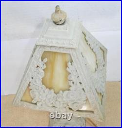 Antique Cast Metal Base 4 Panel Slag Glass Boudoir Table Lamp Floral Design