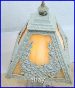 Antique Cast Metal Base 4 Panel Slag Glass Boudoir Table Lamp Floral Design